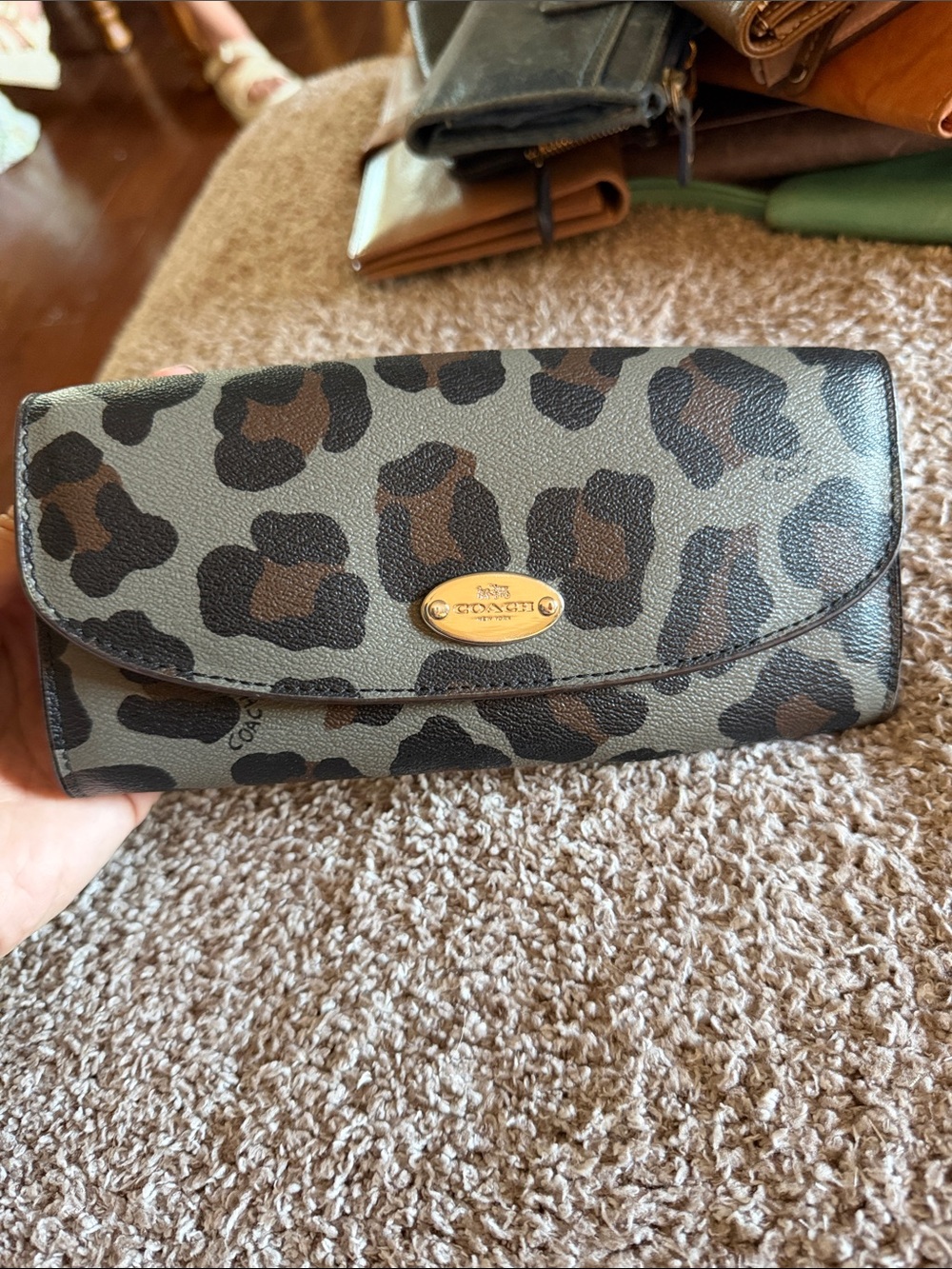 COACH Slim Envelope Wallet Ocelot Leopard Print Gray Brown